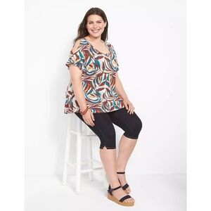 Lane Bryant Top Women 22 24 3X Red Brown Blue Swing Tee Cut Out Tropical Leaf